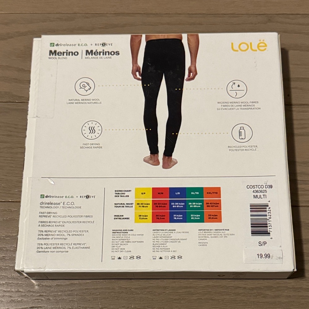 Lolé Men's Black Merino Wool Blend Baselayer Bottoms - Picture 2 of 4